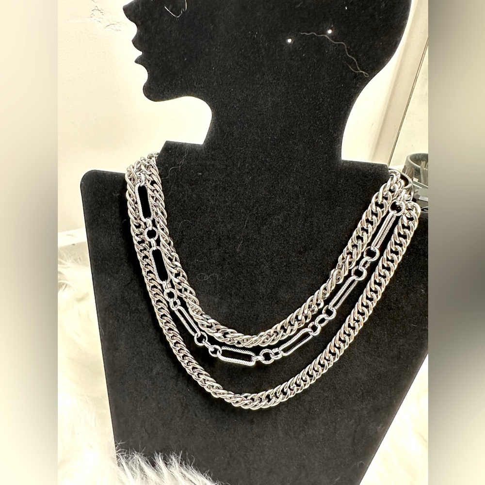 Triple Layer Silver Chain Statement Necklace